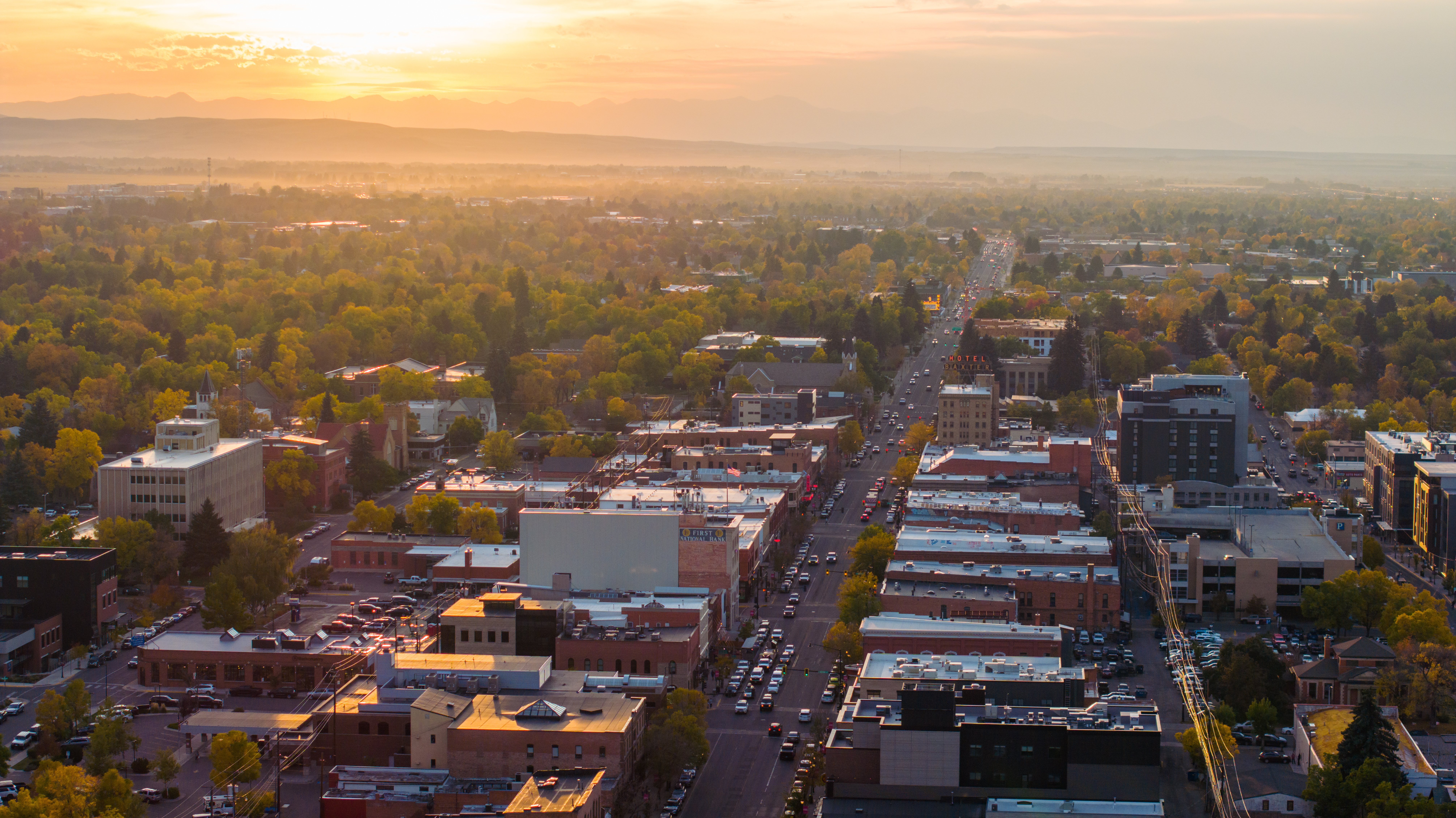 Aerial photos of Downtown Bozeman at sunset