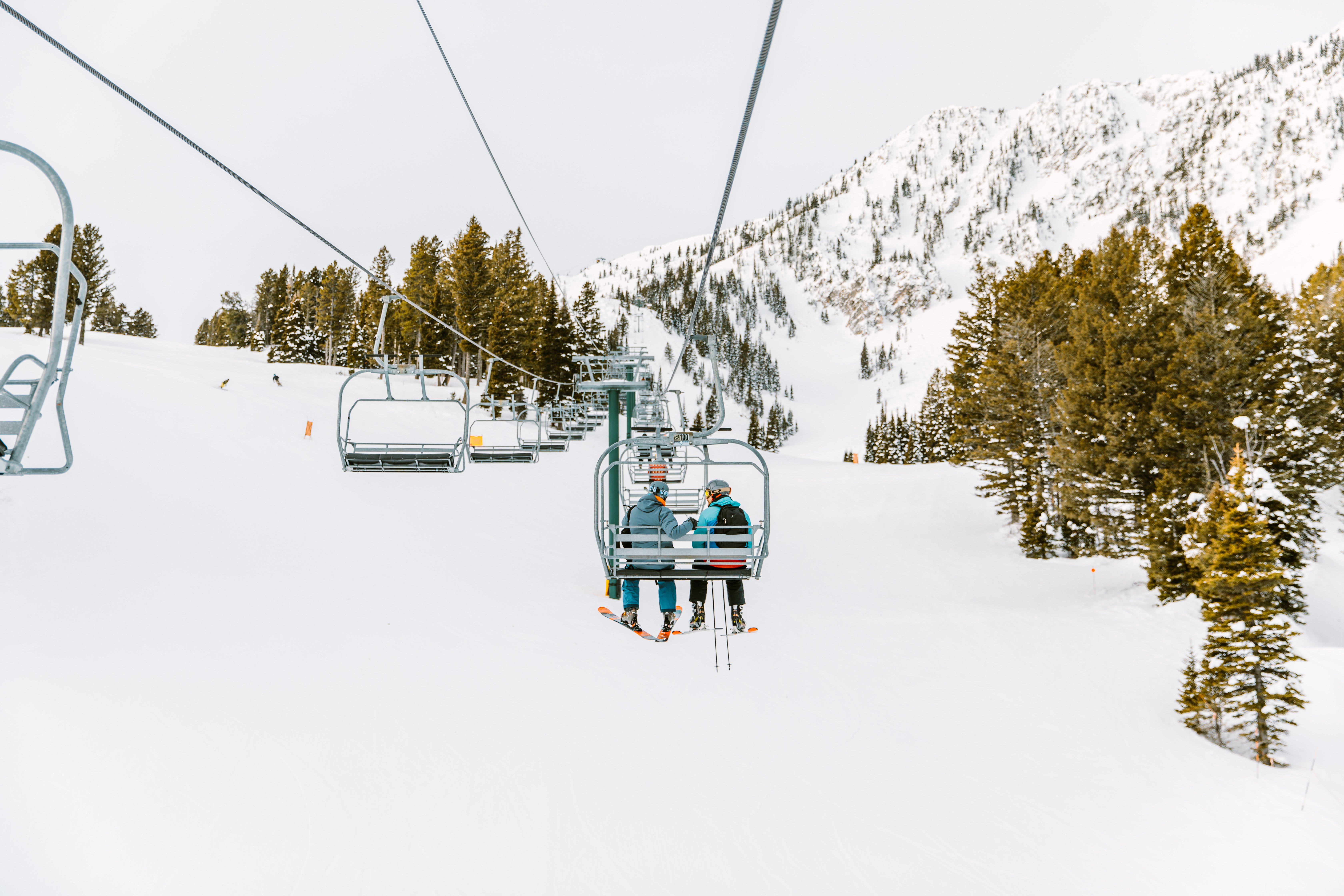 two people skiing at Bridger Bowl in Bozeman