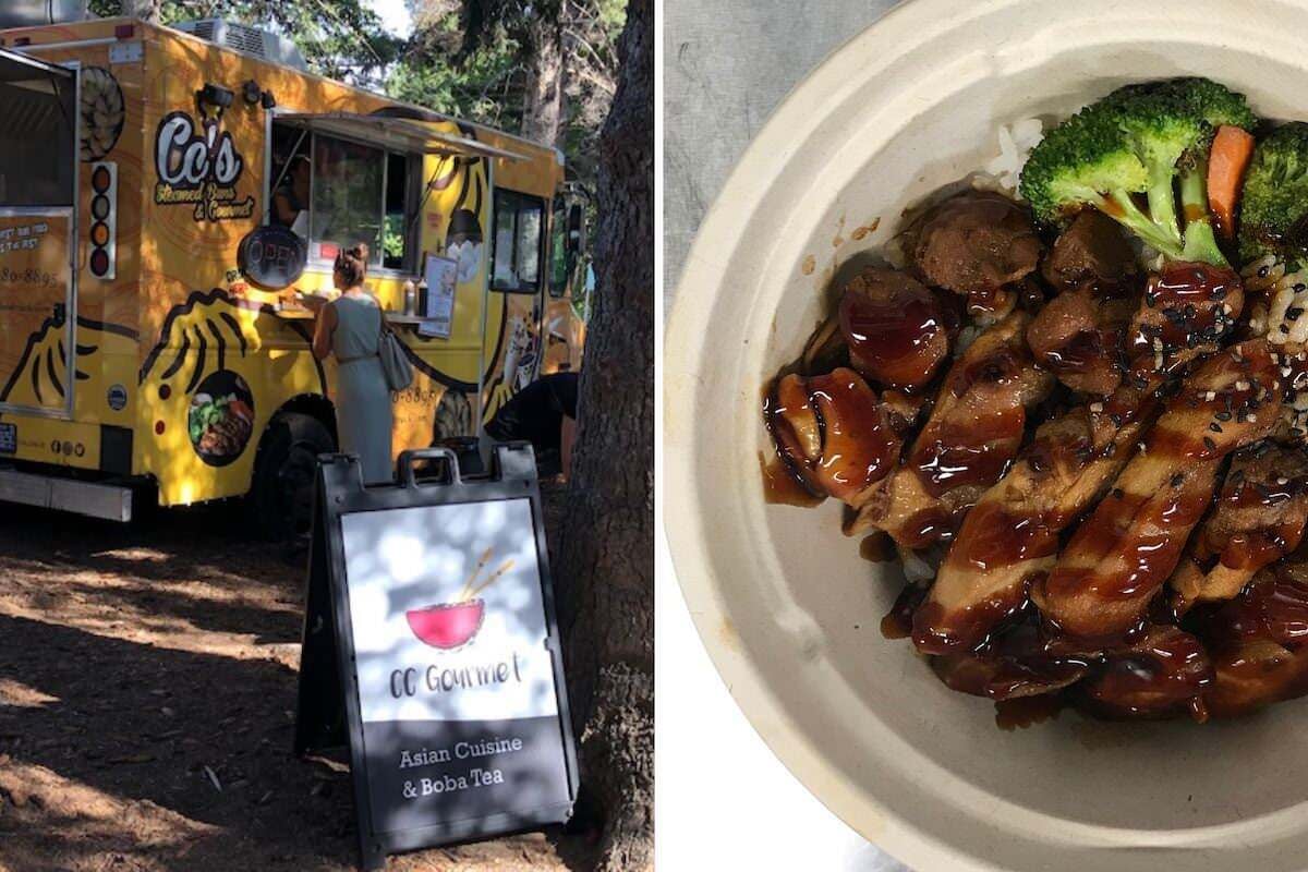 Left image: CC Gourmet Food Truck in Bozeman, Montana. Right image: CC Gourmet bowl of meat and vegetables.