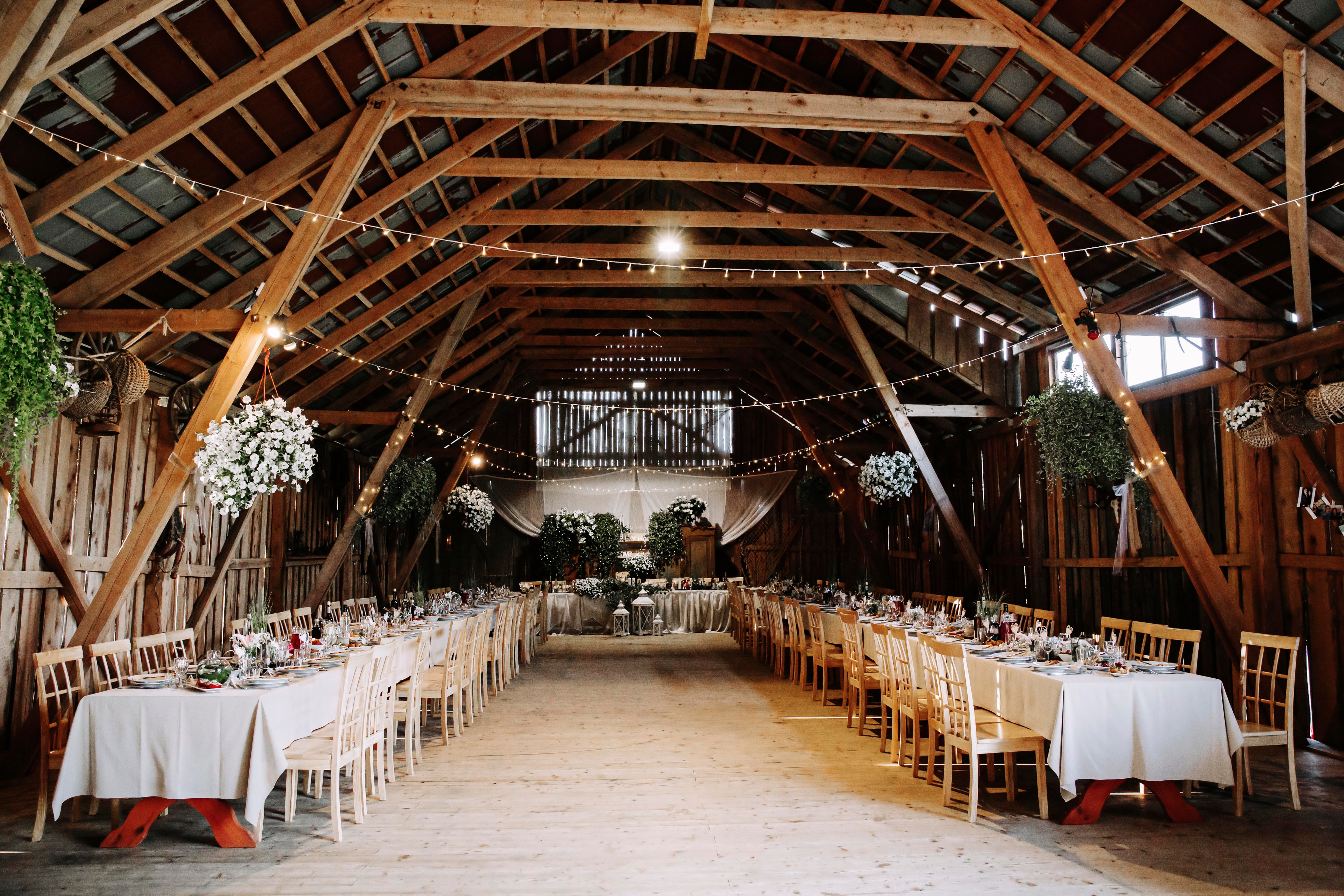 barn wedding set up and decorated