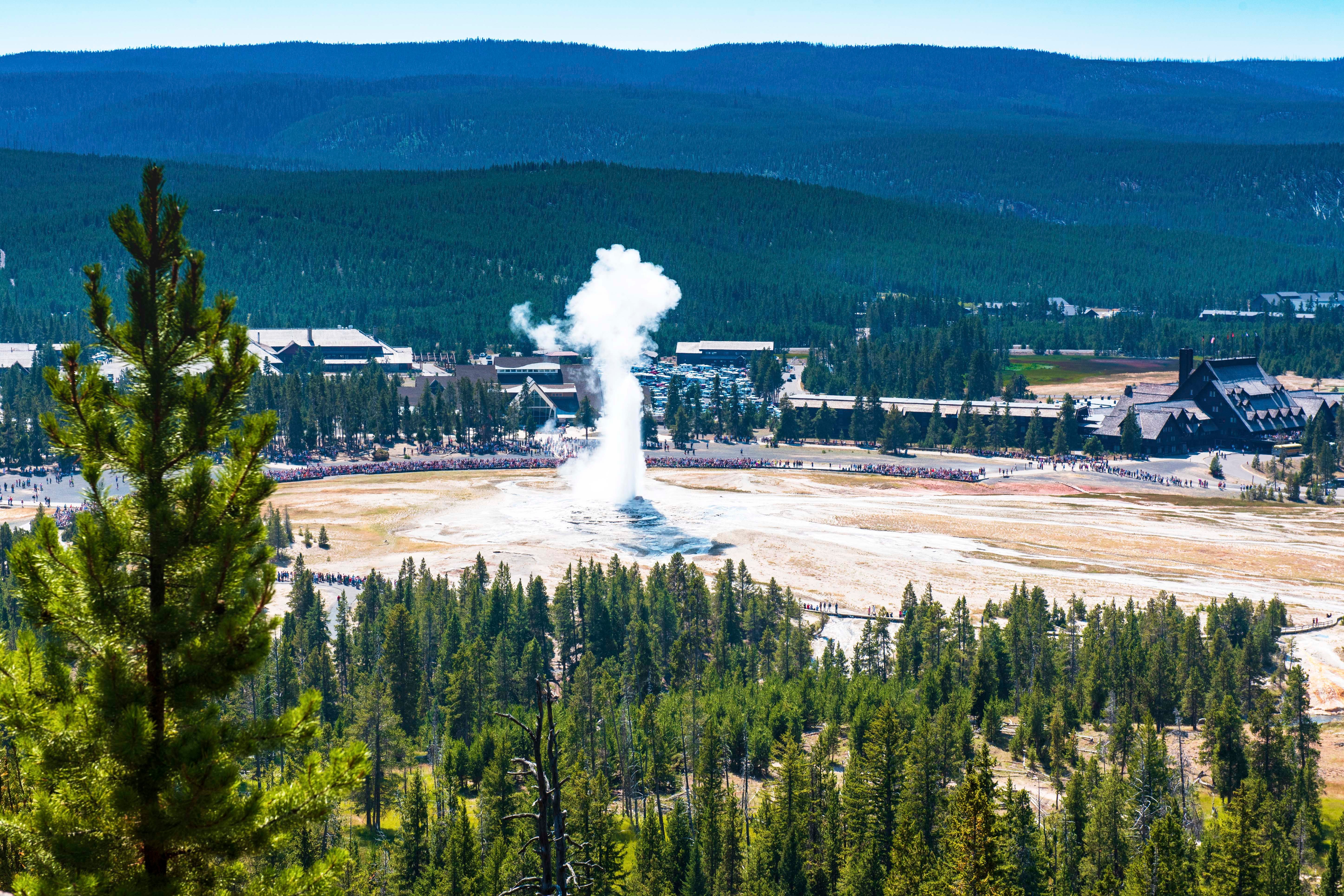 birds eye view of old faithful geyser in yellowstone national park