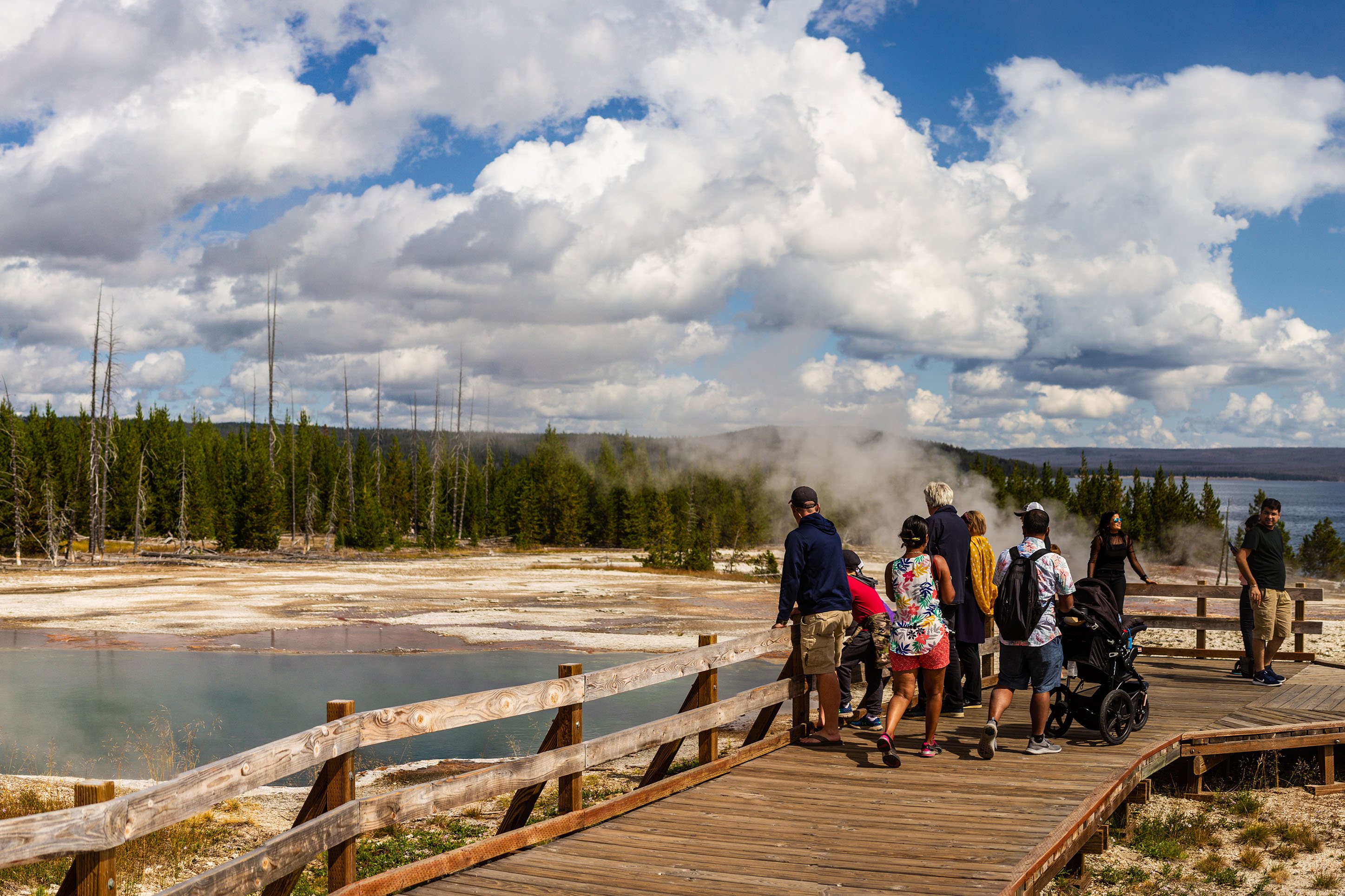 Exploring hot pots on the boardwalks in Yellowstone. 