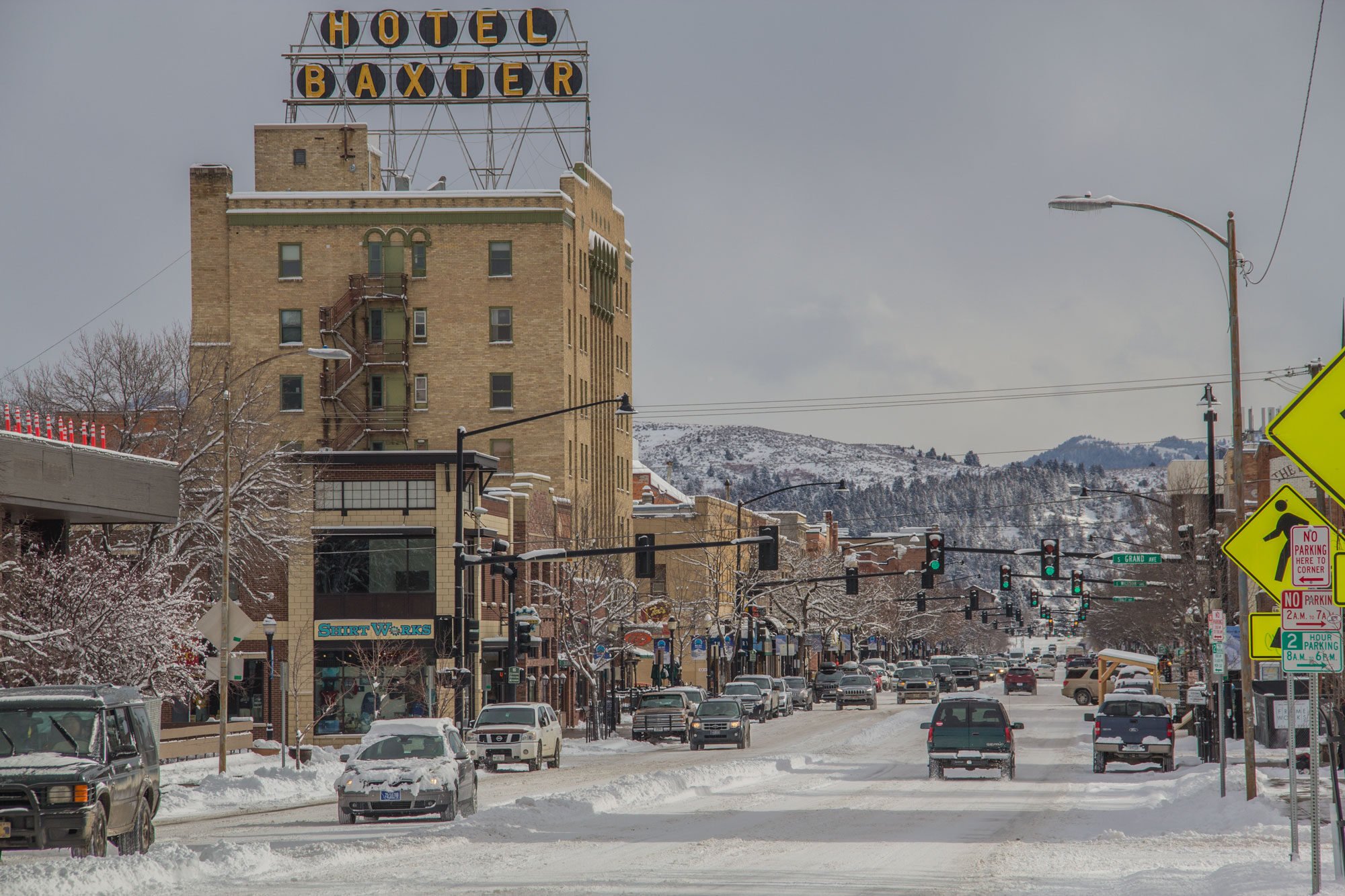 Bozeman's Main Street with snow in the winter