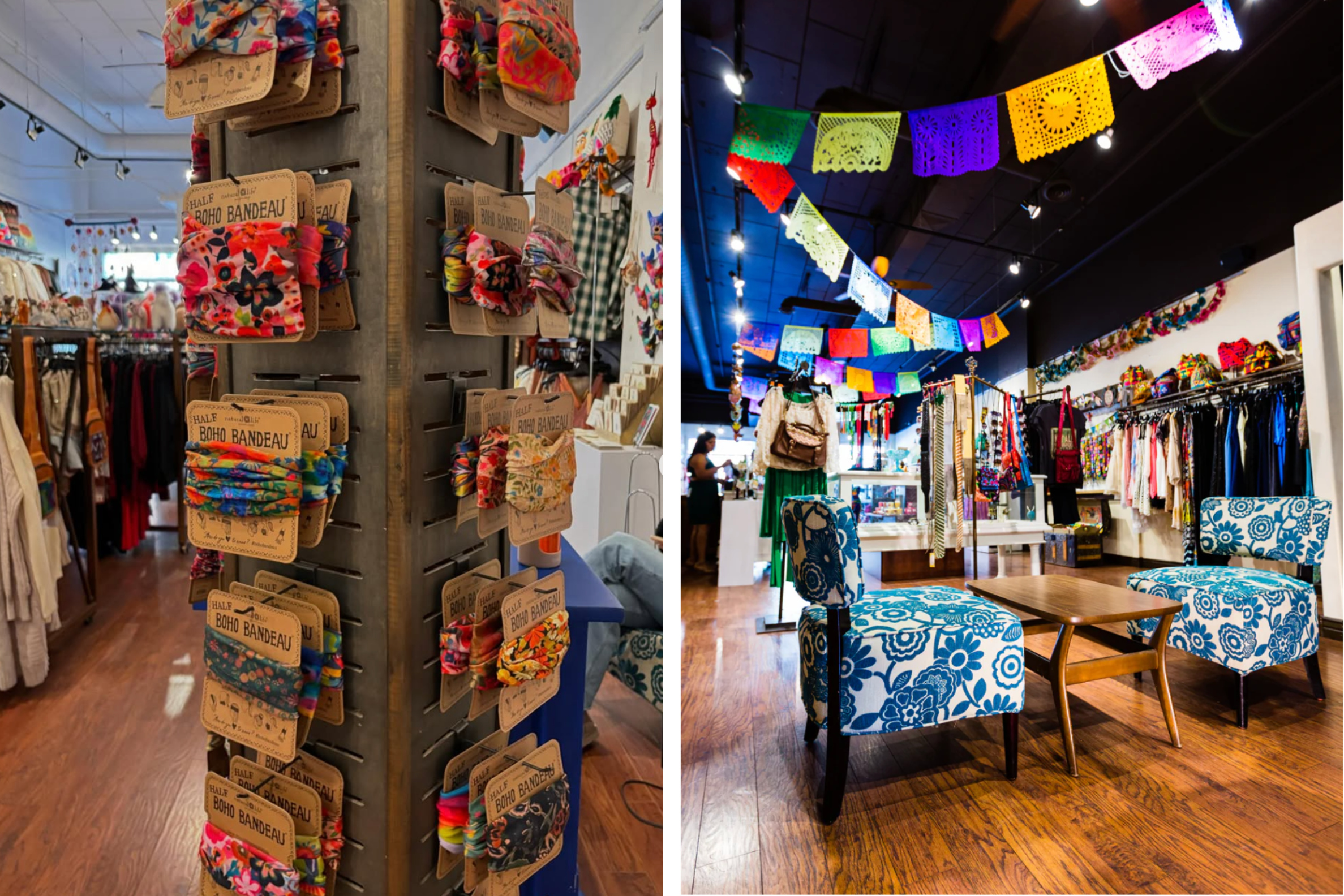 Two images of Cosmica World Boutique; the image on the left is of bandeaus and the image on the right is of a seating area inside the store