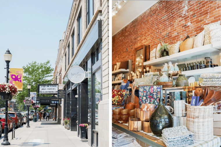 There are two images, and one is of Heyday from Bozeman's Main Street, and the other is of a display inside Heyday.