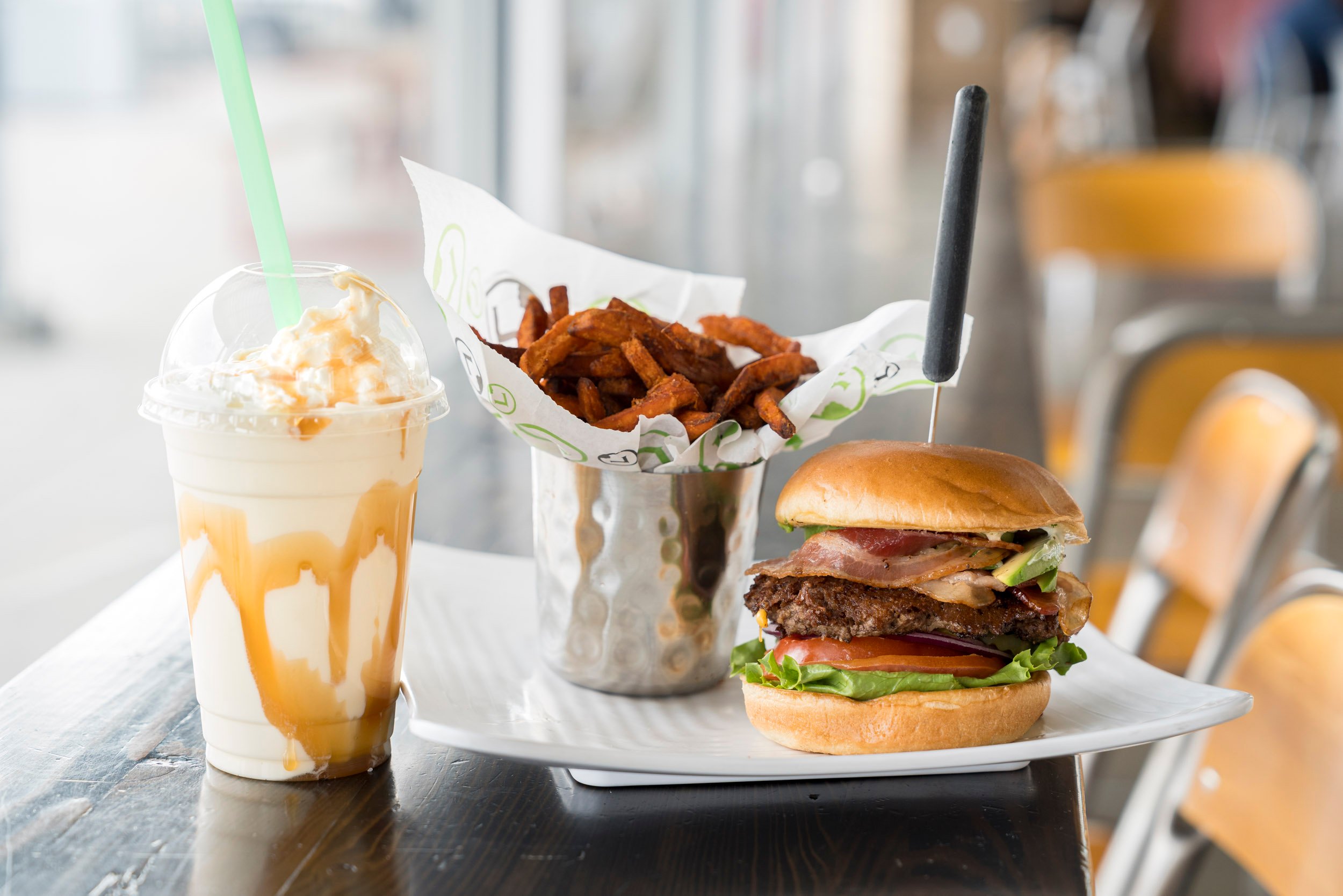 A burger, milkshake, and fries at Liberty Burger