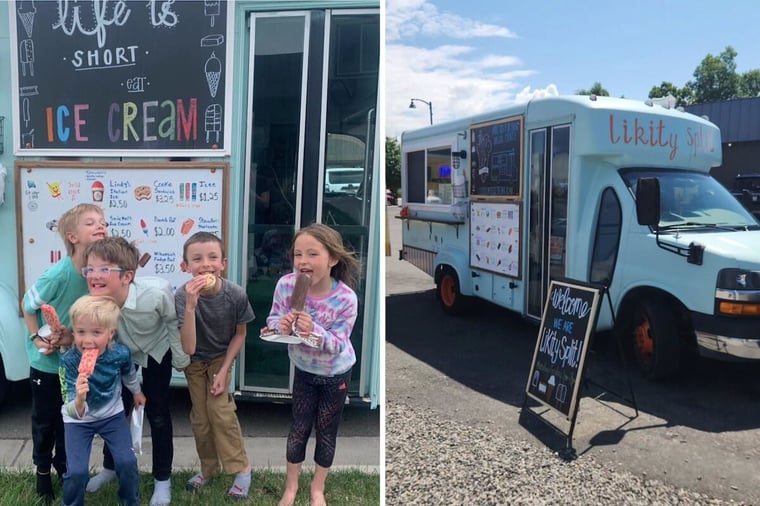 Kids holding ice cream and popsicles in front of the Likity Split Ice Cream Truck in Bozeman, MT