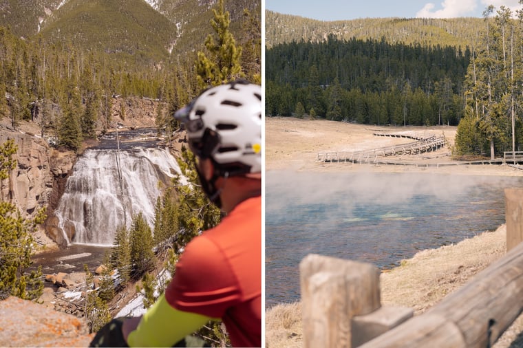 Left image: Biker looking at Gibbon Falls in Yellowstone National Park. Right image: A hot spring in Yellowstone National Park.