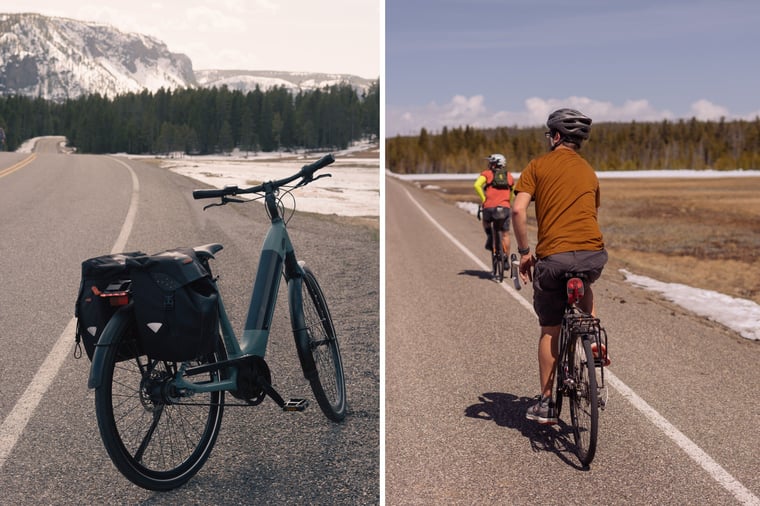 Left image: Bike on the road in Yellowstone National Park, with mountains and forest in the background. Right image: Two people biking on the road in Yellowstone National Park.