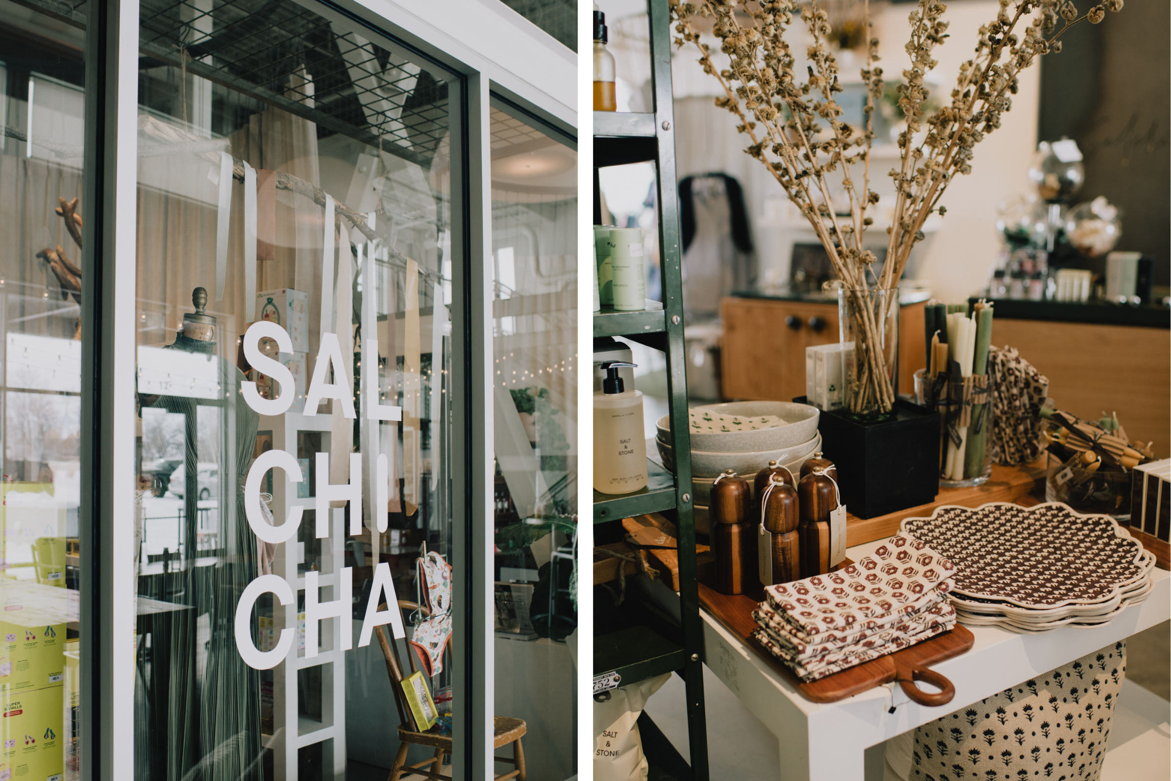 Two images show the exterior and interior of Salchicha, a boutique in Bozeman