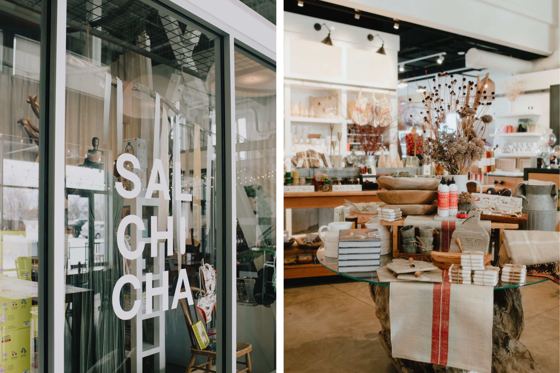 Two images of Salchicha, a woman's clothing boutique in Bozeman; one image is from the exterior of the store, and shows the Salchicha sign; the other is of an interior display in the store