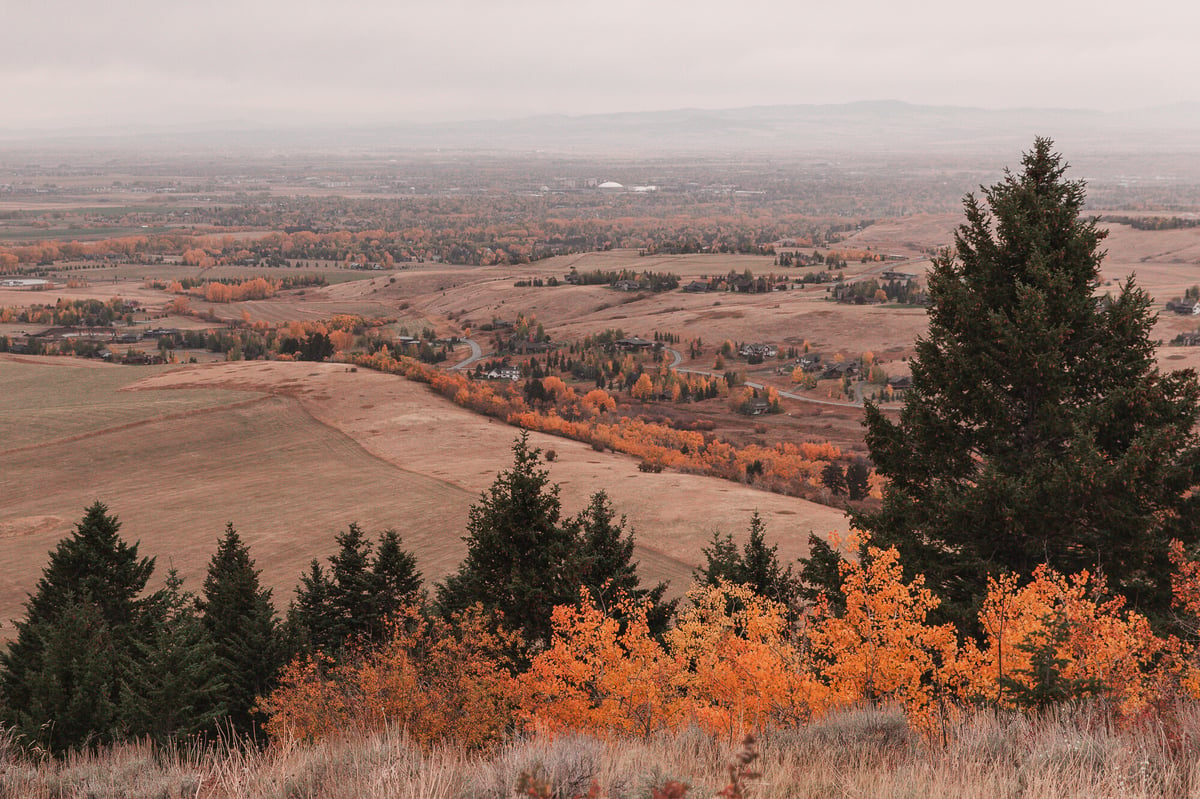 View of the Gallatin Valley from Triple Tree Trail in Bozeman, Montana in the fall