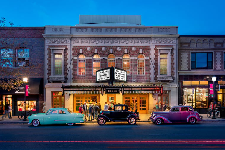 The Ellen Facade at night in Downtown Bozeman