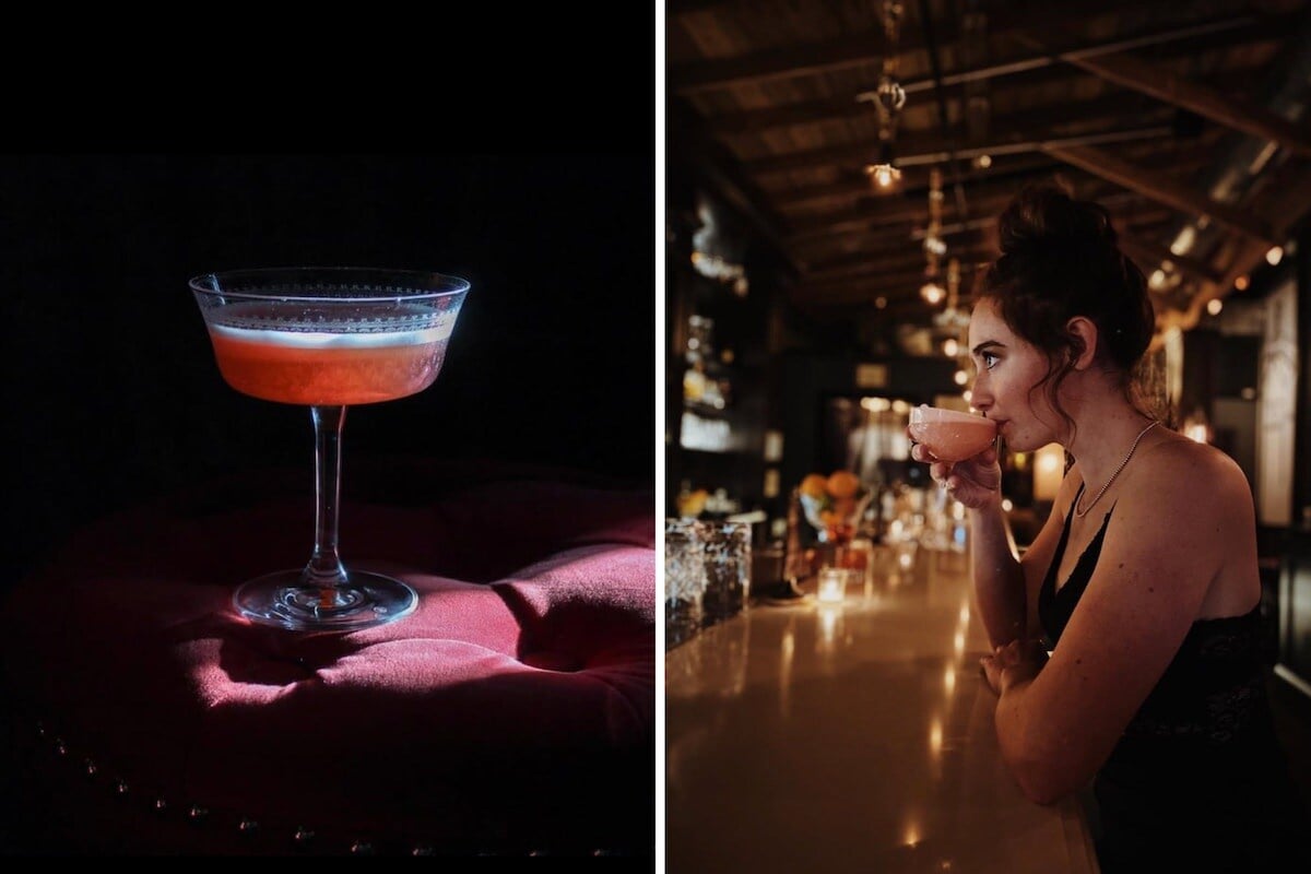 Left image: A drink at Devil's Toboggan sitting on a couch. Right image: A woman drinking a cocktail at the Devil's Toboggan bar.