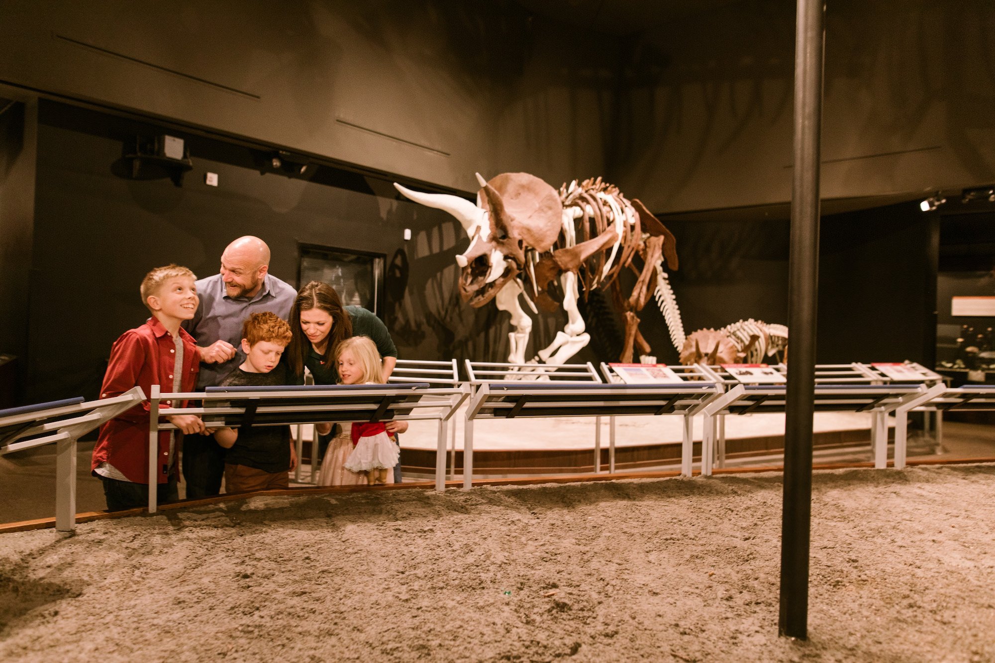 Family looking at a dinosaur skeleton inside the Museum of the Rockies.