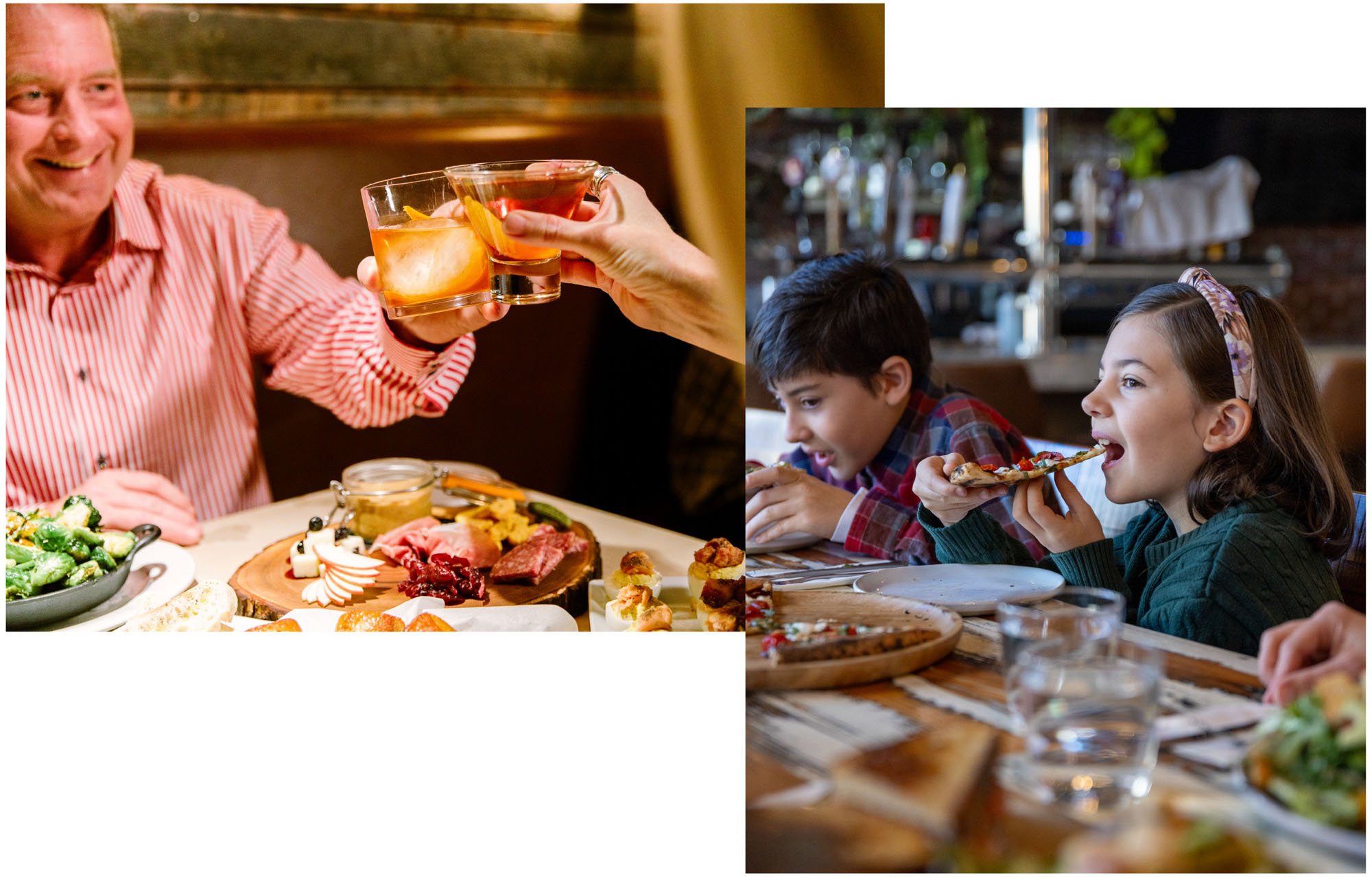 Kids eating pizza and man cheering 